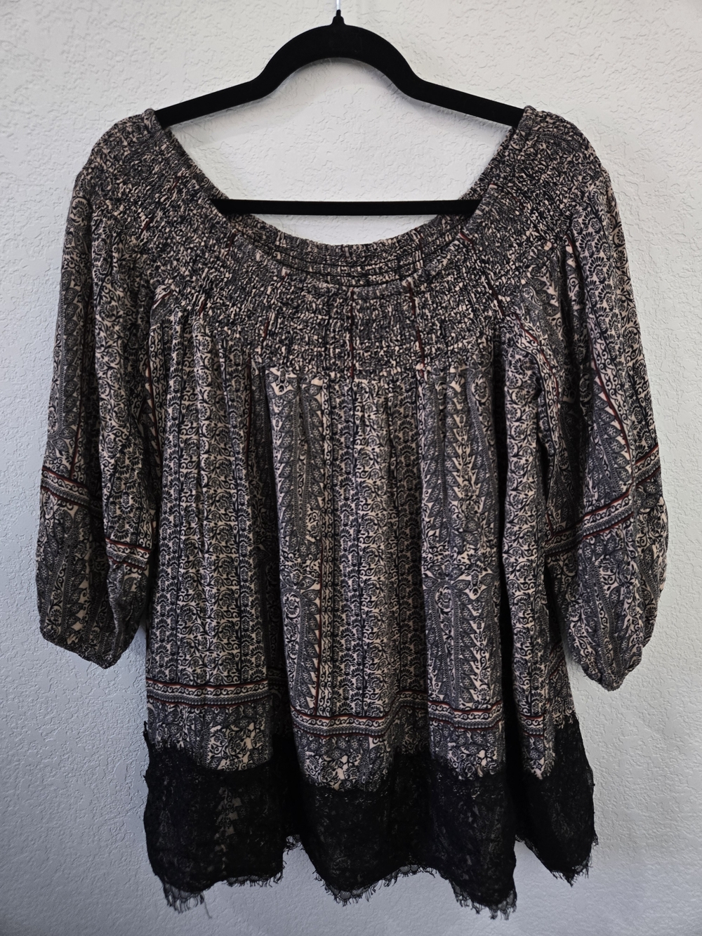Smocked Neck Boho Tunic Top - Black/Multi